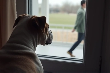 Anxious dog watching owner leave through window.