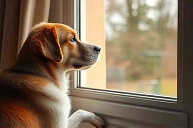 Sad dog looking out window, symbolizing separation anxiety.