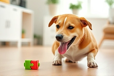 Dog happily playing with enrichment toy, indicating distraction.
