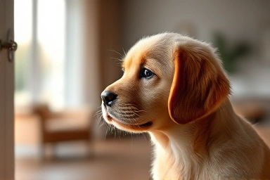 Sad puppy looking out window, separation anxiety