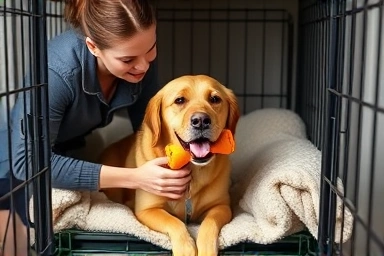 Dog trainer creating positive association with crate