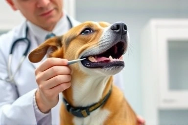 Veterinarian performing gentle airway examination on a dog