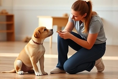 Dog trainer patiently helping a hesitant puppy.