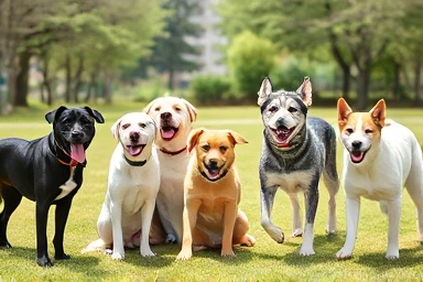 Well-socialized dogs playing happily together in a park.