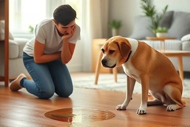 Dog owner and dog with potty accident