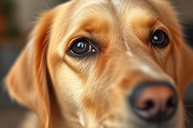 Golden retriever with subtle tear stains, looking healthy and loved.