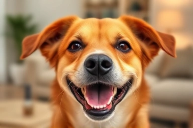 Happy dog with clean teeth, symbol of good health.