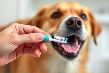 Owner brushing dog's teeth with specialized tools.