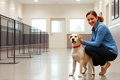 Happy puppy with trainer in clean dog training facility.
