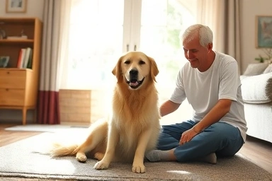 Happy dog patiently waiting for owner in a warm living room.