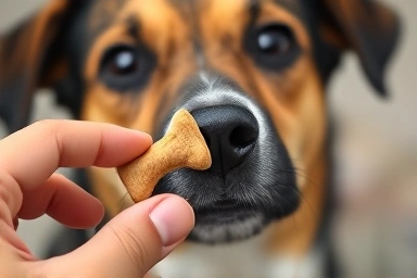 Dog training: owner tempting dog with treat, showing self-control.