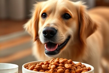 Happy dog eager for wet food