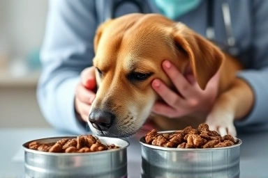 Vet caring for senior dog with wet food