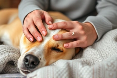 Worried owner comforts sick dog with yellow vomit
