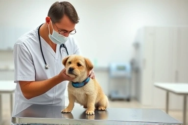 Veterinarian examines dog for yellow vomit symptoms