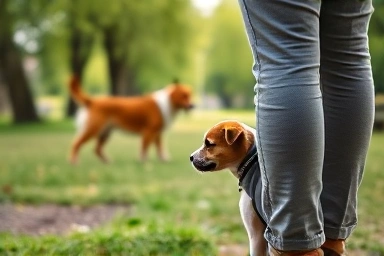 Timid puppy observing a friendly dog from a safe distance