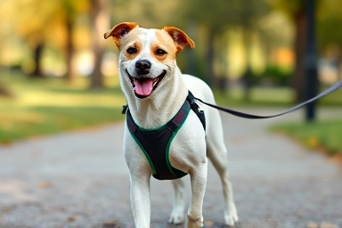 Dog wearing safe and comfortable H-shaped harness outdoors