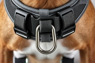 Close-up of durable H-shaped dog harness components