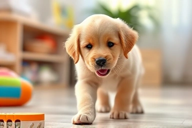 Happy puppy exploring a safe and stimulating environment.