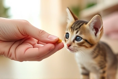 Kitten cautiously accepting treat from gentle hand, building trust.
