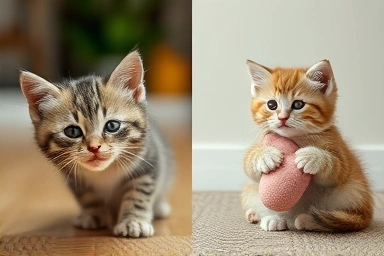 Kitten's transition from defensive hissing to playful comfort.