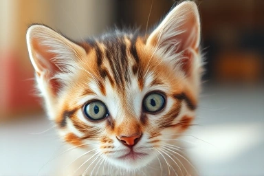 A healthy, playful kitten looking curiously at the camera.
