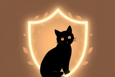 Symbolic shield protecting a cat silhouette, representing health and prevention.