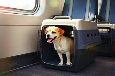 Dog in carrier on KTX floor, calm and secure.