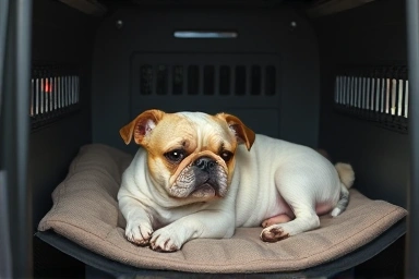 Comfortable small dog inside a spacious, ventilated pet carrier.