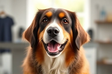 Happy large dog after grooming, healthy coat, professional salon setting.