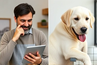 Owner comparing dog grooming costs, happy dog owner with pet, informed choice.