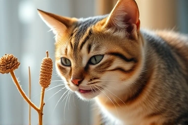 Happy cat sniffing matatabi stick, natural lighting.