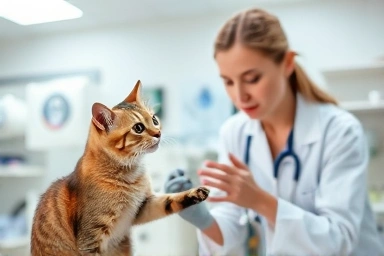 Veterinarian observing cat with matatabi, expert care.