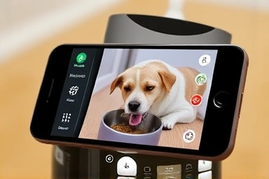 Smartphone app controlling automatic pet feeder with live camera feed.