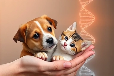 Dog and cat with DNA helix, symbolizing pet genetic testing.