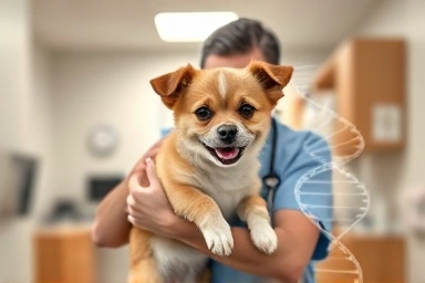 Veterinarian with dog, DNA helix graphic