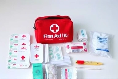 Pet first-aid kit with essential medical supplies for emergencies.