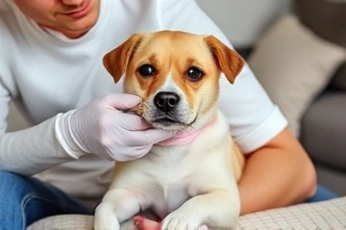 Owner providing first aid to a pet with a prepared kit.
