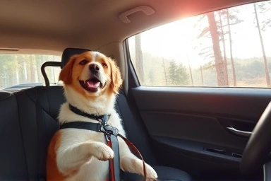 Dog safely in car seat with owner driving