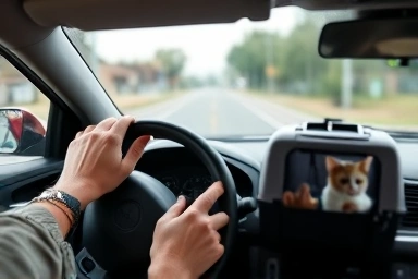 Driver's hands on steering wheel, cat in carrier