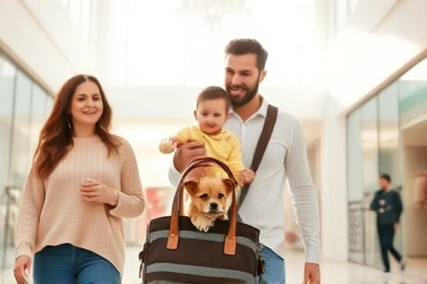 Family with small dog in shopping mall atrium, bright and modern.