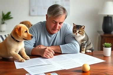 Pet owner comparing pet insurance policies with dog and cat