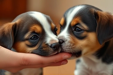 Puppy gently mouthing hand with owner reacting