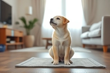 Puppy patiently waiting on potty pad, ready for praise.