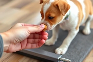 Owner rewarding puppy for successful potty training.