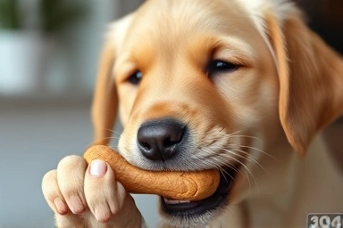 Puppy chewing on a safe teething treat for gum relief.