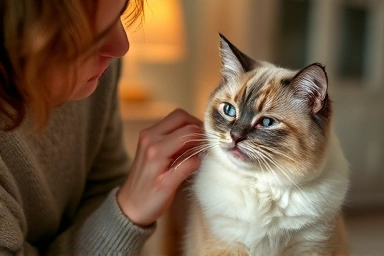 Owner checking Ragdoll cat for heart disease signs.