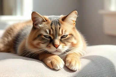 Elderly cat resting peacefully, symbolizing comfort and relief.