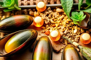 Artistic arrangement of natural joint supplement ingredients for cats.