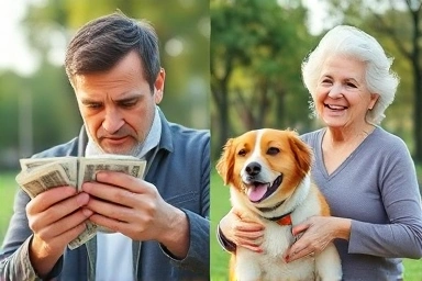 Pet owner finding affordable senior dog care and enjoying quality time.